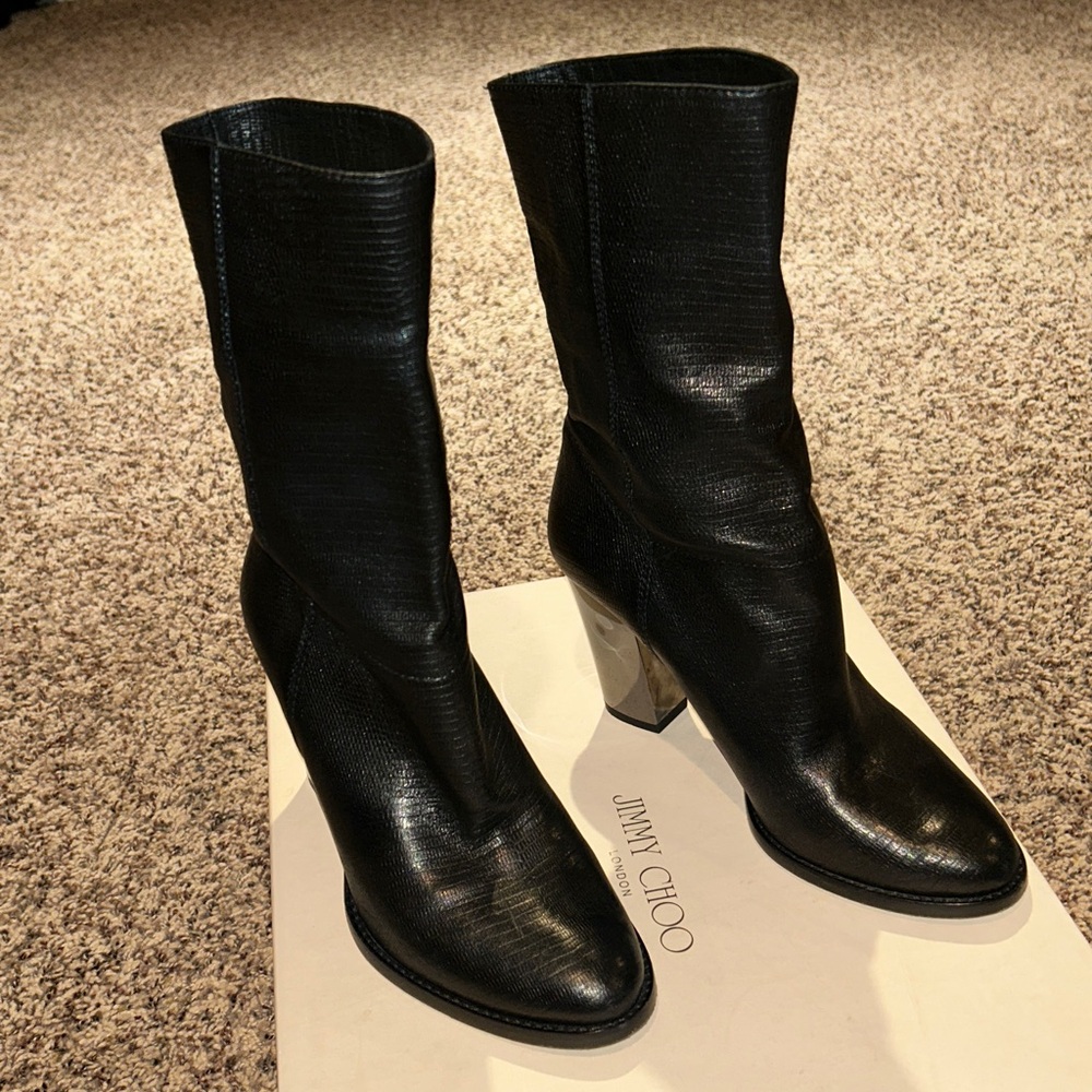 Jimmy Choo Articolo Embossed Print Black Boots 37.5 Black Mirrored Heel Like New - Picture 2 of 11